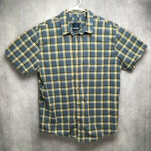 Prana Mens Short Sleeve Plaid Shirt size XL Blue Yellow Button Up Organic Cotton